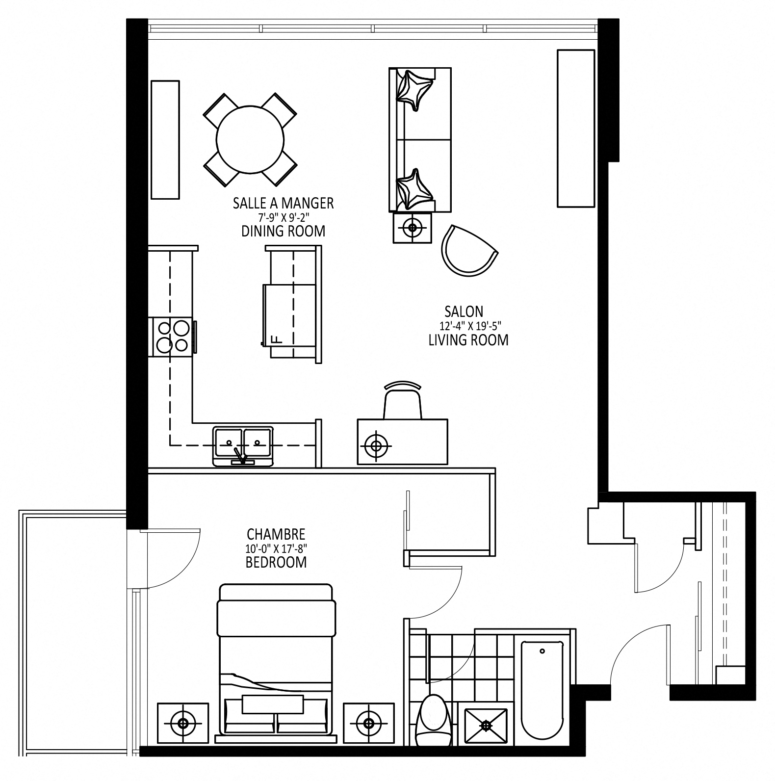 Floor plan for 1 bed, 1 bath, 750 sqft